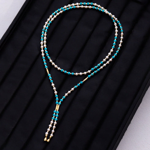 Turquoise and Pearl Beaded Long Necklace